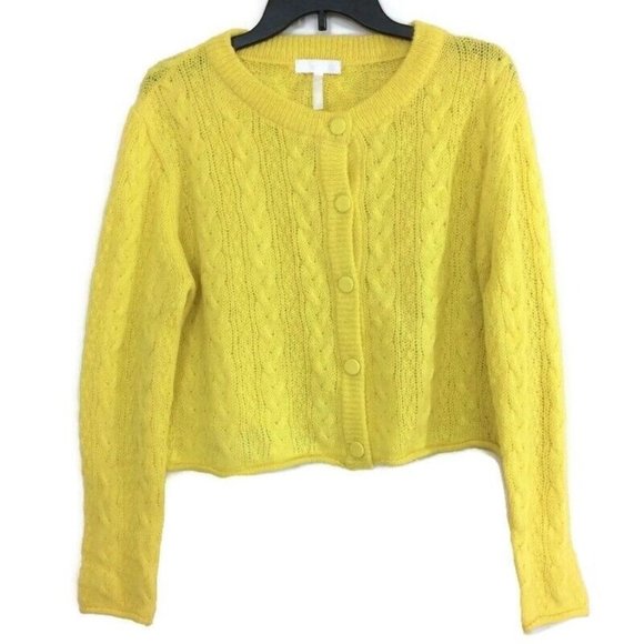 RE_L Sweaters - RE_L Womens Cropped Cardigan Sweater Cable Knit Wool Blend Button Up Yellow